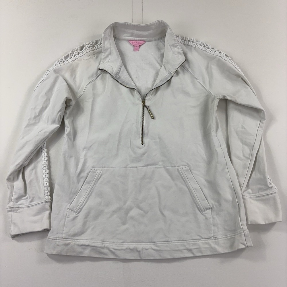 Lilly Pulitzer Sweatshirt Womens Large White 1/4 Zip Crochet Trim Pullover